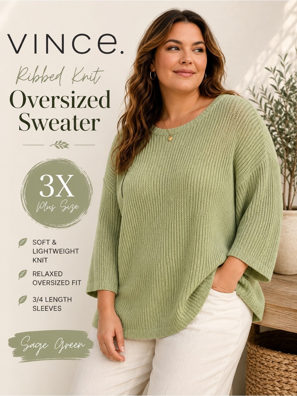 Vince Plus Size 3X Green Ribbed Knit Oversized Sweater Pullover